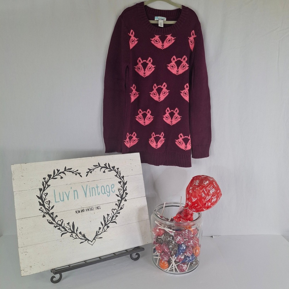 Old Navy Girls Plum Purple Pink Fox Intarsia Knit Pullover Sweater Size M 8